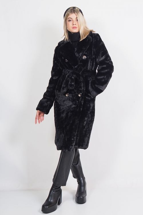Μακρύ γούνινο παλτό με φόδρα Adaline - Μαύρο
