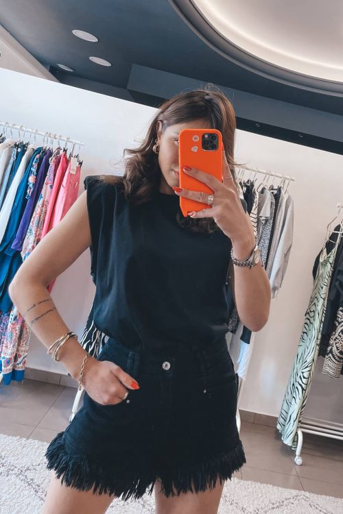 Zoe premium high waisted denim shorts με κρόσσια  - Μαύρο