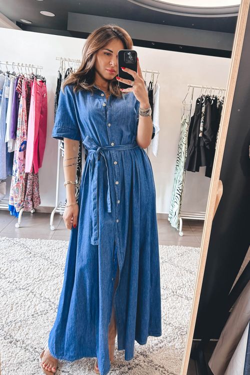 Τύπου τζιν μίντι φόρεμα με κουμπιά και ζώνη Kendra  - Μπλε