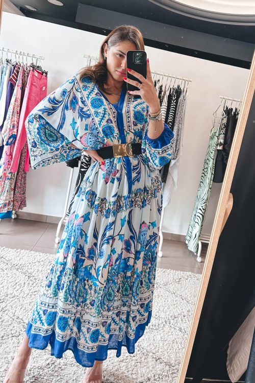 Boho μακρύ φόρεμα μακρυμάνικο Jia - Μπλε