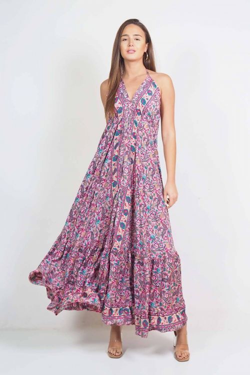 Boho maxi εξώπλατο φόρεμα με δέσιμο στον λαιμό - Ροζ