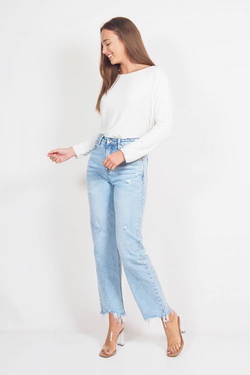 High waisted straigh ripped jeans - Γαλάζιο