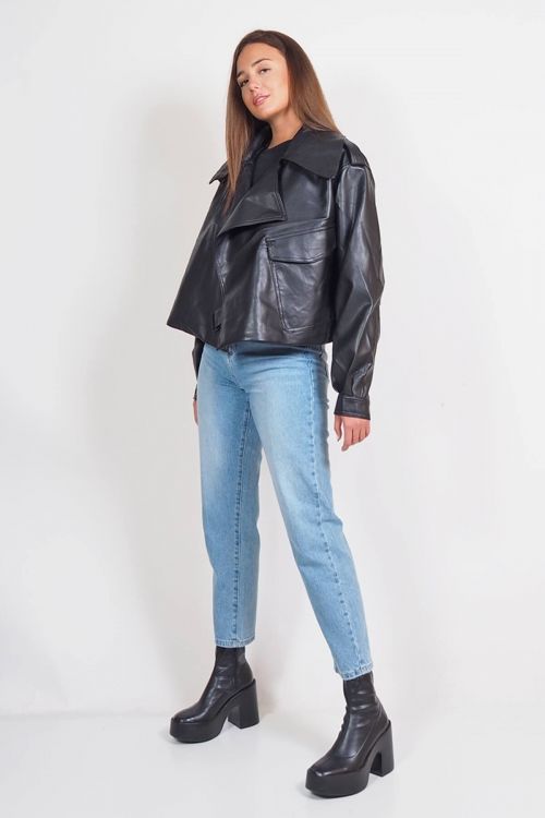 Maggie eco leather jacket με τσέπη και αγκράφα - Μαύρο