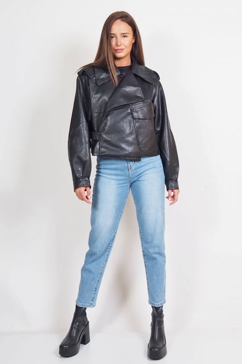 Maggie eco leather jacket με τσέπη και αγκράφα - Μαύρο