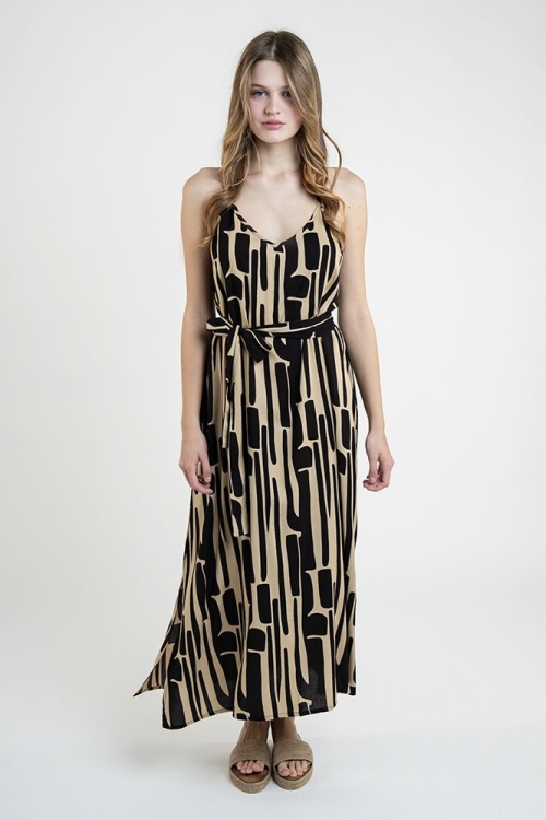 Φόρεμα αμάνικο με μαύρα σχέδια και ζώνη