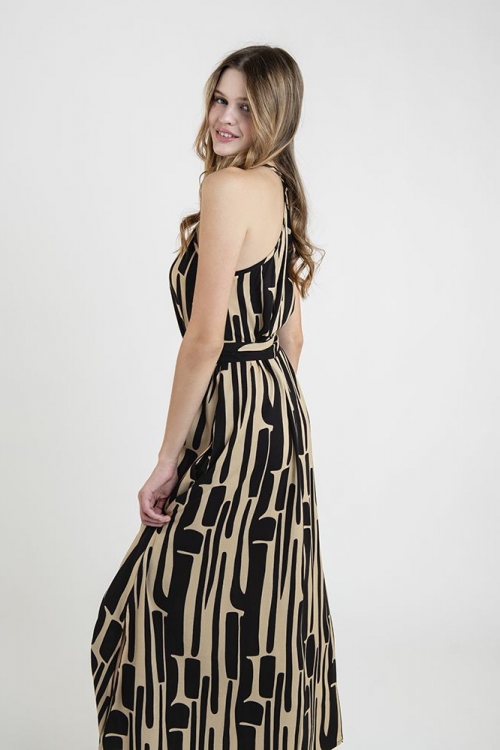 Φόρεμα αμάνικο με μαύρα σχέδια και ζώνη