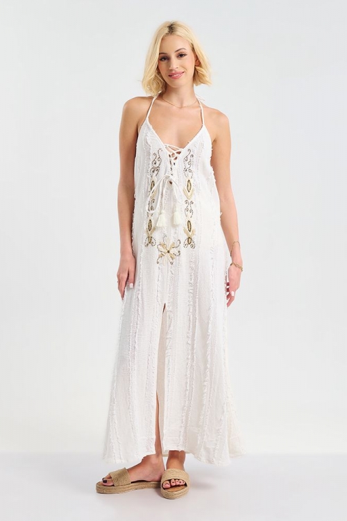 Φόρεμα μακρύ εξώπλατο με μπεζ λεπτομέρειες