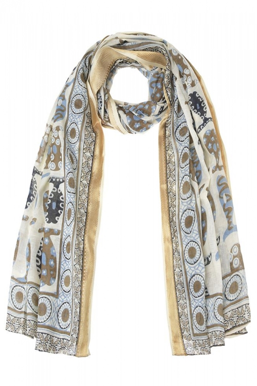 Scarf/Pareo with Blue/Brown/Black Fish and Gold Border