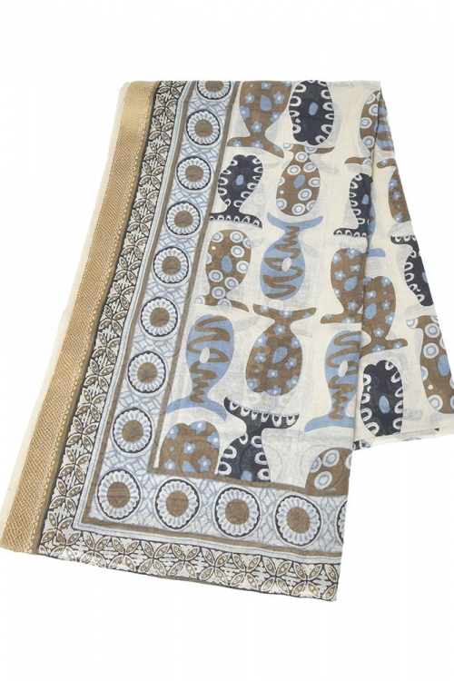 Scarf/Pareo with Blue/Brown/Black Fish and Gold Border