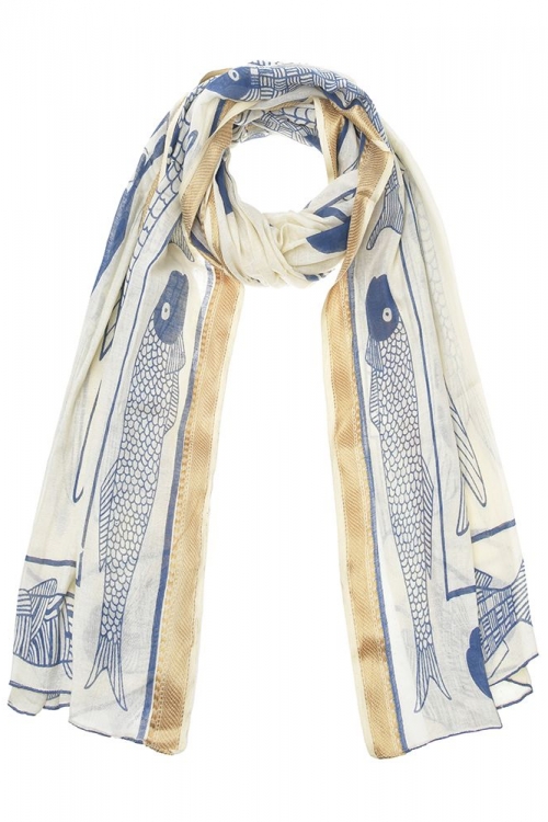 Scarf/Pareo with blue fish and gold trim