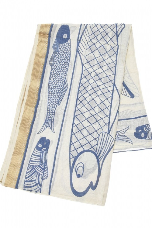 Scarf/Pareo with blue fish and gold trim