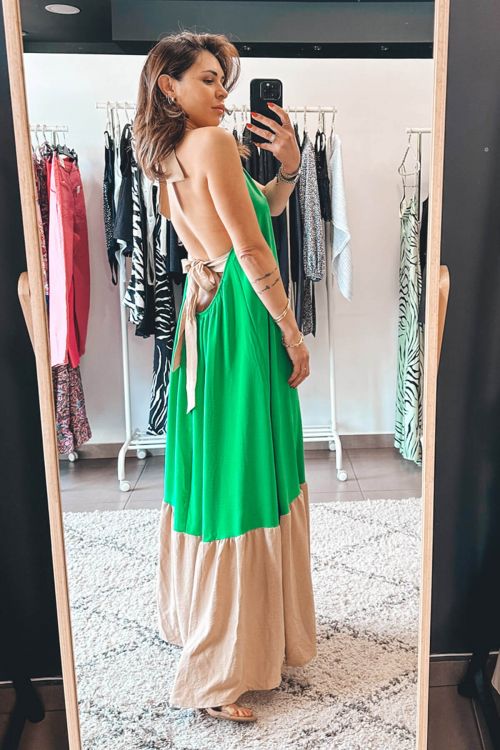 Μακρύ δίχρωμο φόρεμα εξώπλατο Valentina - Πράσινο