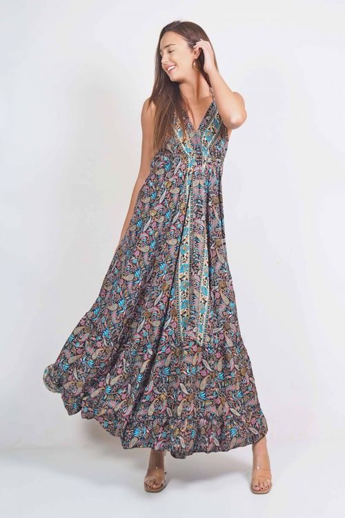 Boho maxi εξώπλατο φόρεμα με δέσιμο στον λαιμό - Μαύρο
