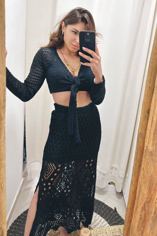 Knit lace wrap top - Μαύρο