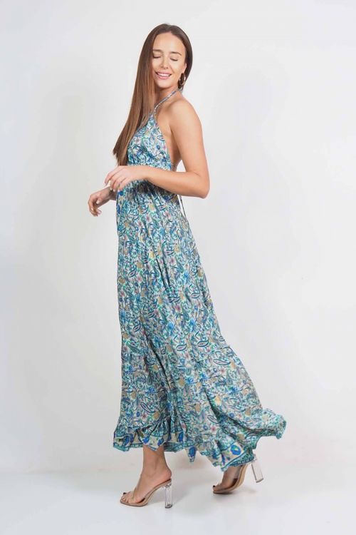 Boho maxi εξώπλατο φόρεμα με δέσιμο στον λαιμό