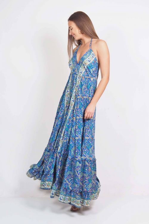 Boho maxi εξώπλατο φόρεμα με δέσιμο στον λαιμό - Μπλε ρουά