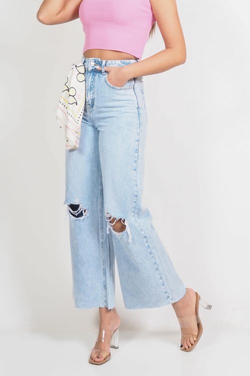 High waisted premium Kelly wide leg ripped jeans με κορδέλα