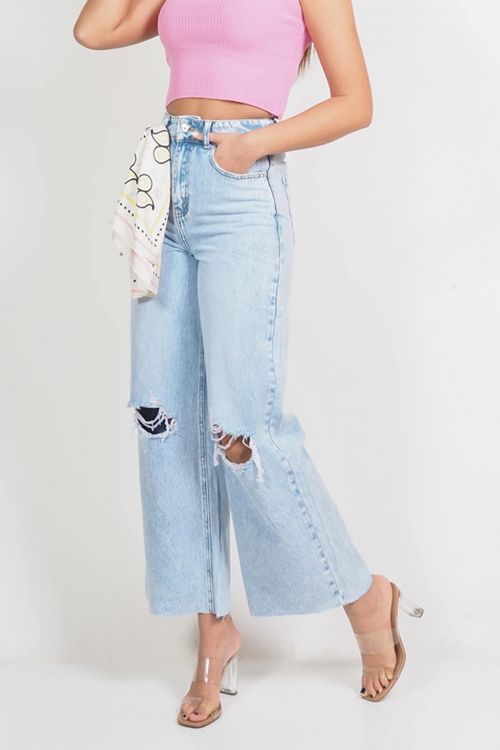 High waisted premium Kelly wide leg ripped jeans με κορδέλα  - Γαλάζιο