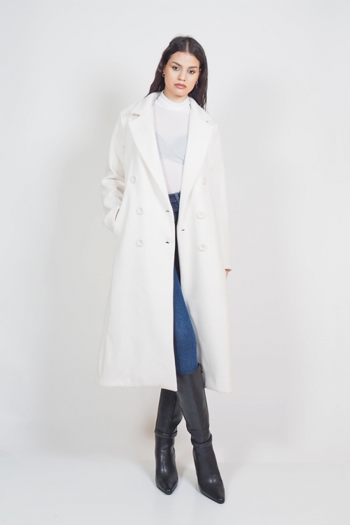Long coat with embossed Celeste fabric