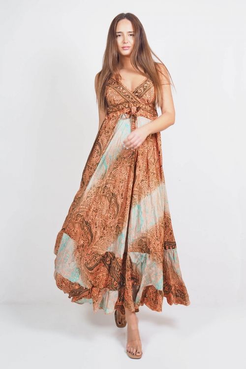 Printed silky long dress with ruffles