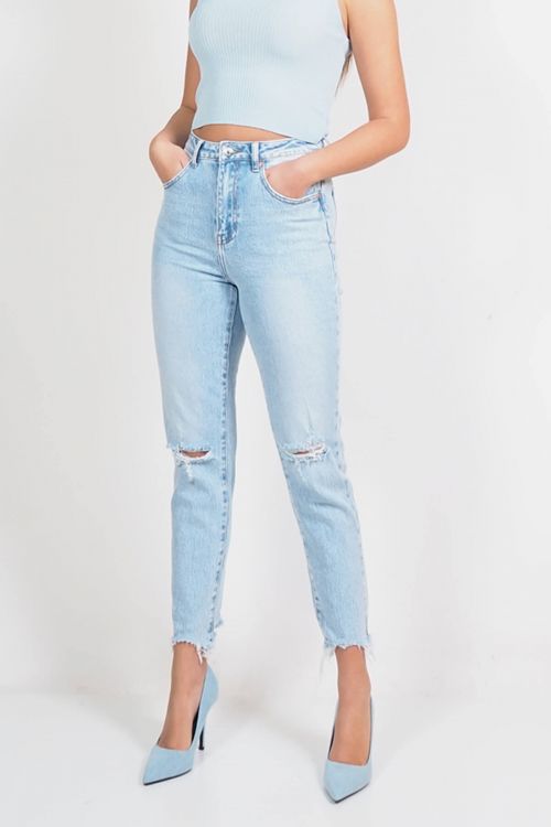 Premium high waisted ripped straight jeans Brenda - Γαλάζιο