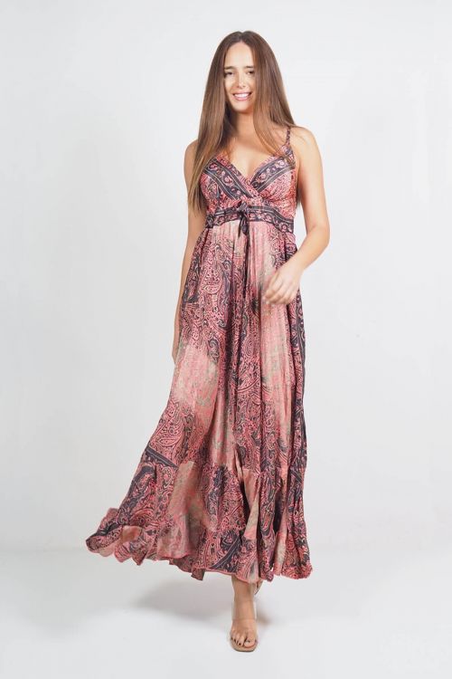 Εμπριμέ silky μακρύ φόρεμα με βολάν - Ροζ