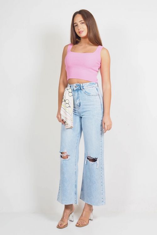 High waisted premium Kelly wide leg ripped jeans με κορδέλα