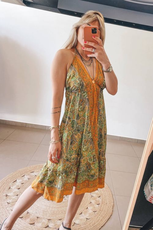 Μεταξωτό boho κοντό φόρεμα εξώπλατο Kai - Πορτοκαλί