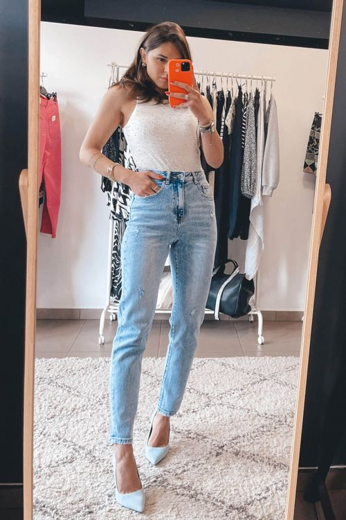 Premium high waisted ripped straight jeans Katya - Θαλασσί