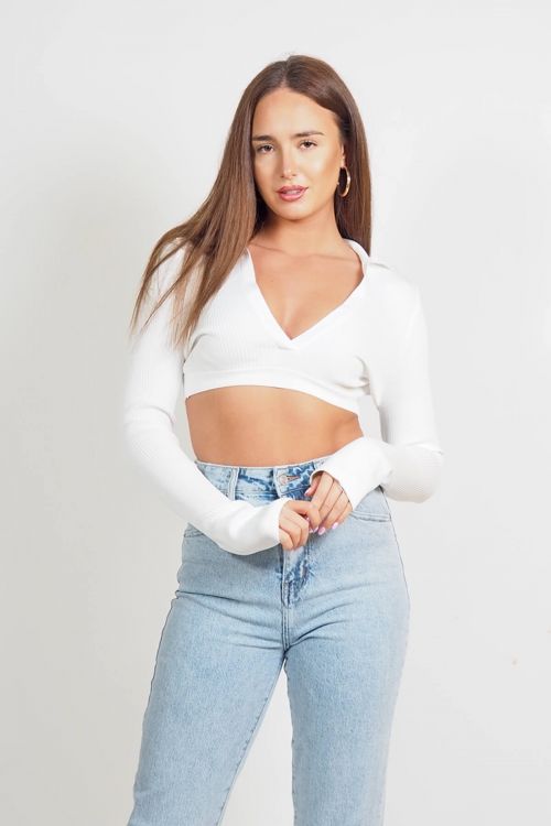 Μπλούζα Polo crop Naya με άνοιγμα μπροστά  - Λευκό