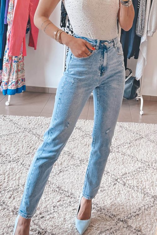 Premium high waisted ripped straight jeans Katya - Θαλασσί