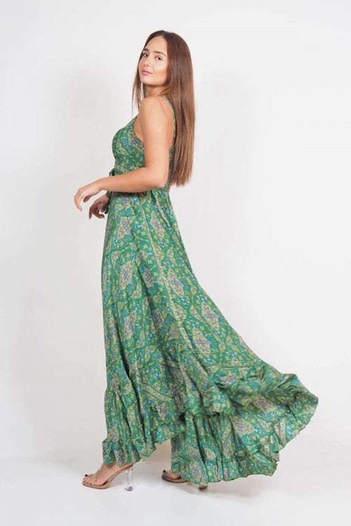 Εμπριμέ silky μακρύ φόρεμα με βολάν - Πράσινο