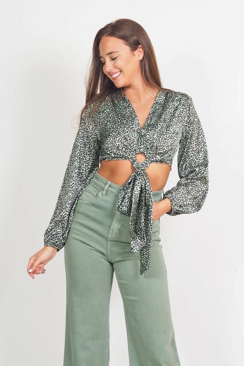 Satin cropped-top leopard sleeved - Πράσινο