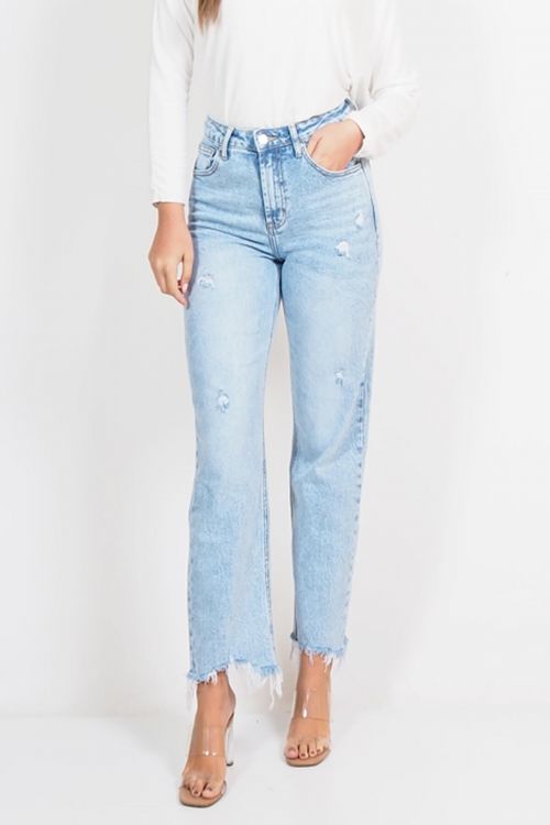 High waisted straigh ripped jeans - Γαλάζιο