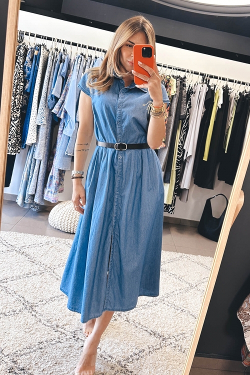 Cotton denim dress with black belt