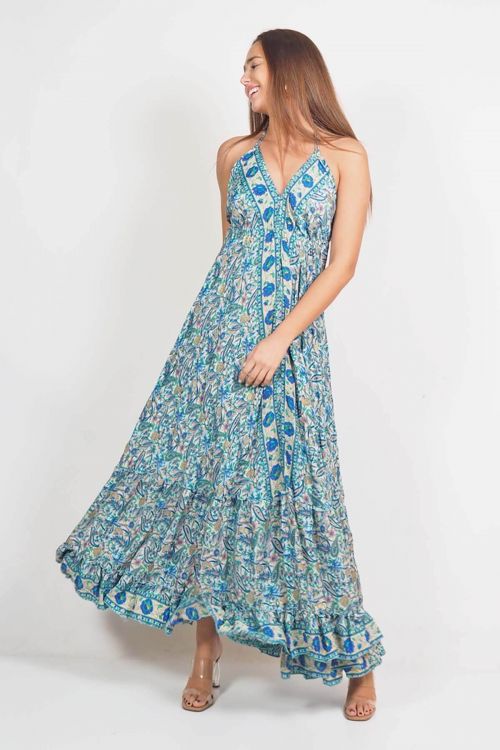 Boho maxi backless dress with neck tie