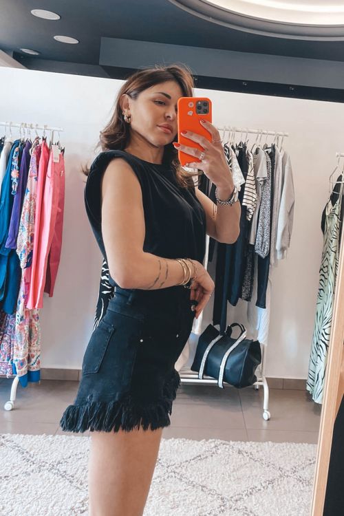 Zoe premium high waisted denim shorts με κρόσσια  - Μαύρο
