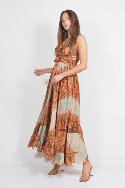 Printed silky long dress with ruffles