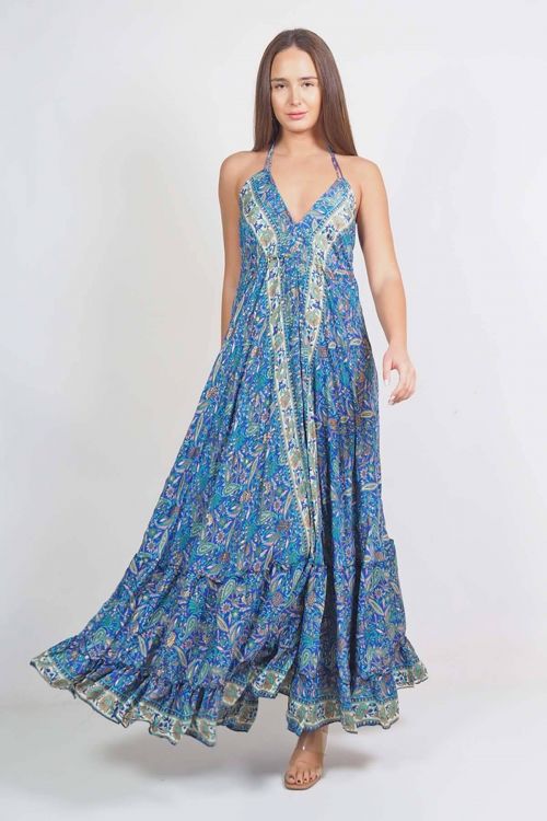 Boho maxi εξώπλατο φόρεμα με δέσιμο στον λαιμό - Μπλε ρουά
