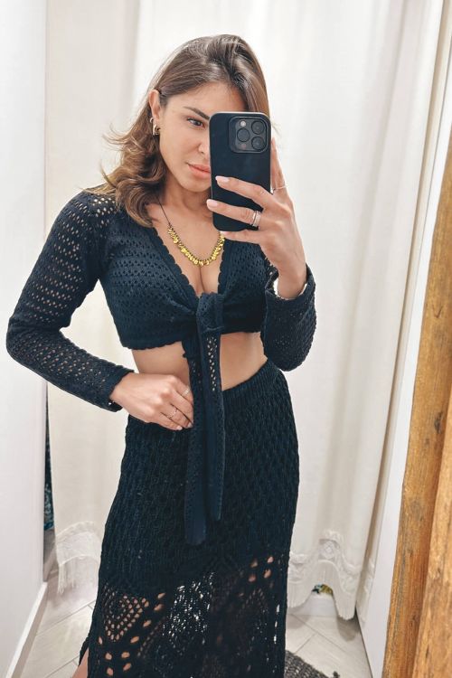 Knit lace wrap top - Μαύρο