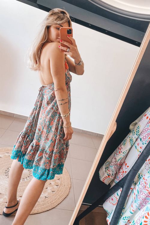 Μεταξωτό boho κοντό φόρεμα εξώπλατο Kai - Τυρκουάζ