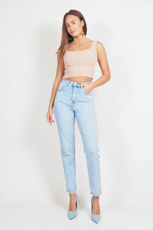 Premium high waisted straight jeans Adalyn - Γαλάζιο