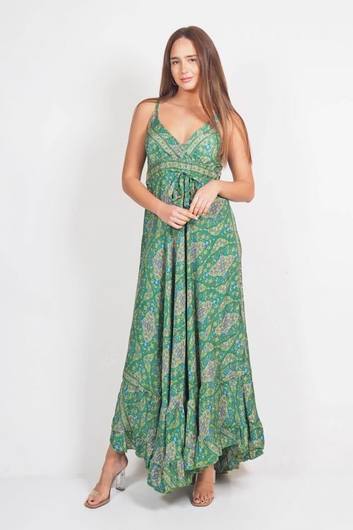 Printed silky long dress with ruffles