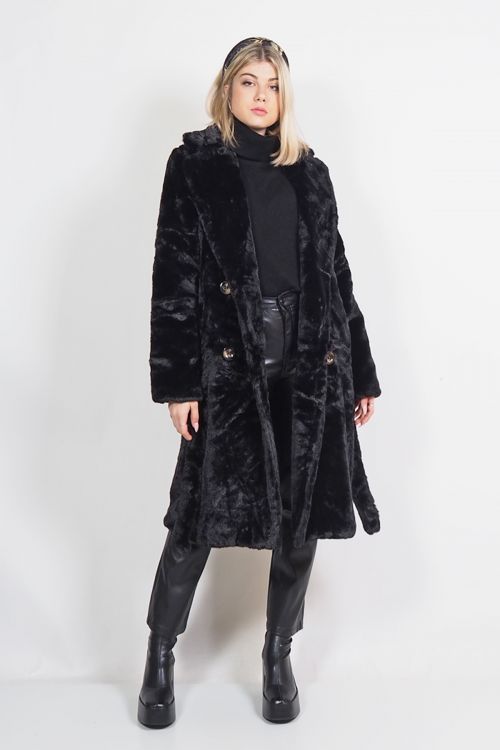 Μακρύ γούνινο παλτό με φόδρα Adaline - Μαύρο