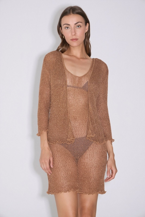 Elastic see-through knit cardigan with gold thread