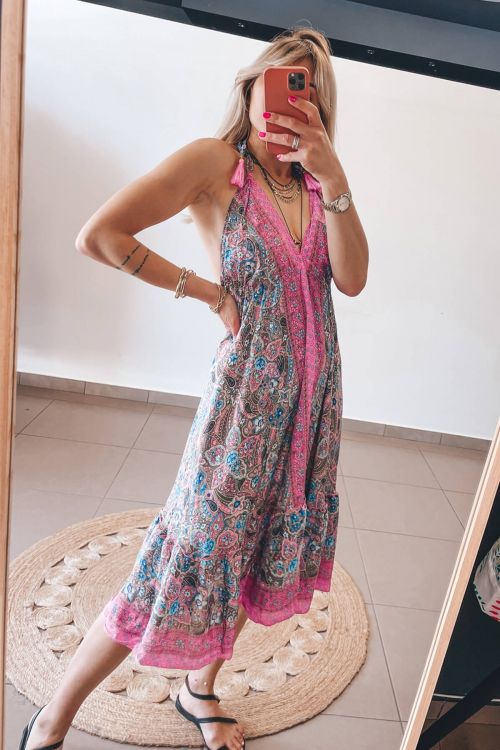 Μεταξωτό boho κοντό φόρεμα εξώπλατο Kai - Ροζ