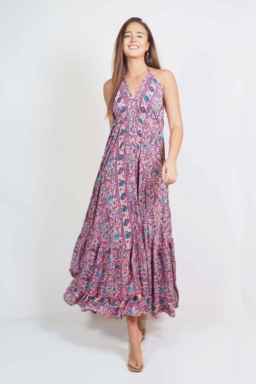 Boho maxi εξώπλατο φόρεμα με δέσιμο στον λαιμό - Ροζ